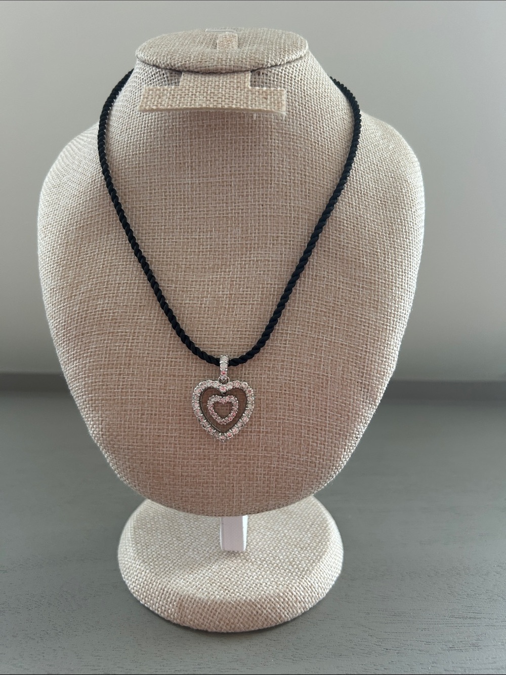 Vintage Double Heart Rhinestone Necklace with Black Twisted Cord